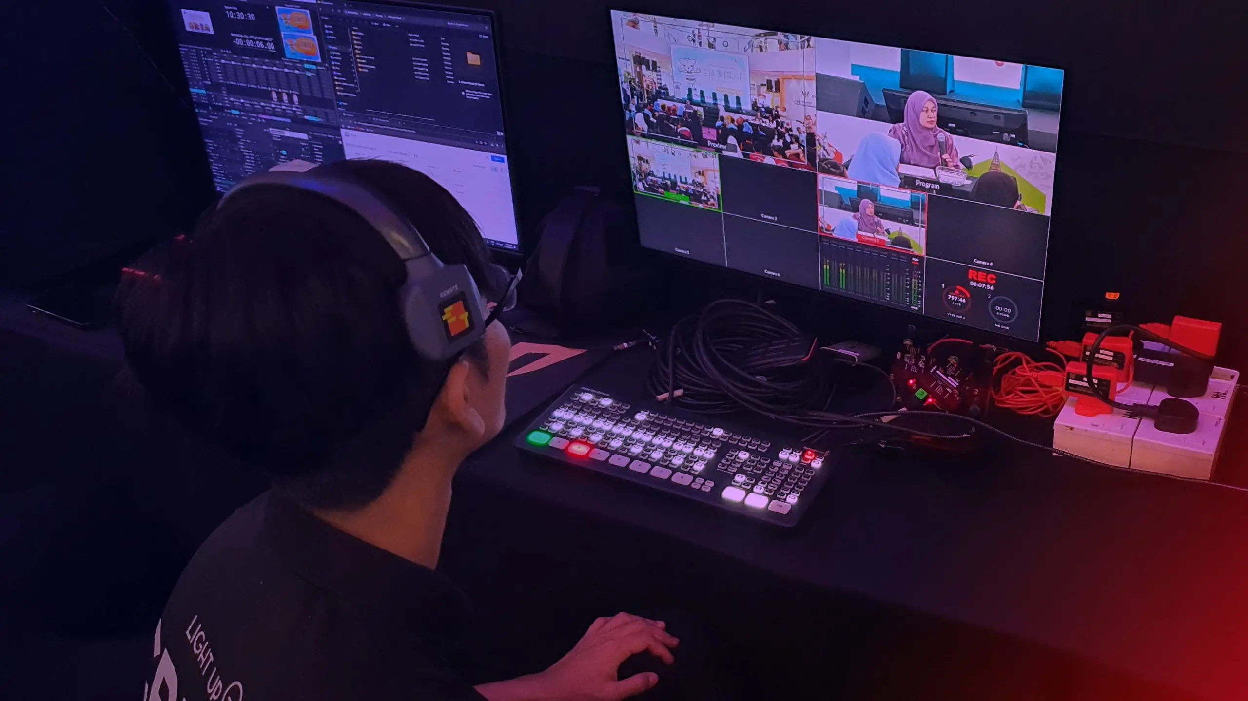 Live streaming setup with multiple camera angles.