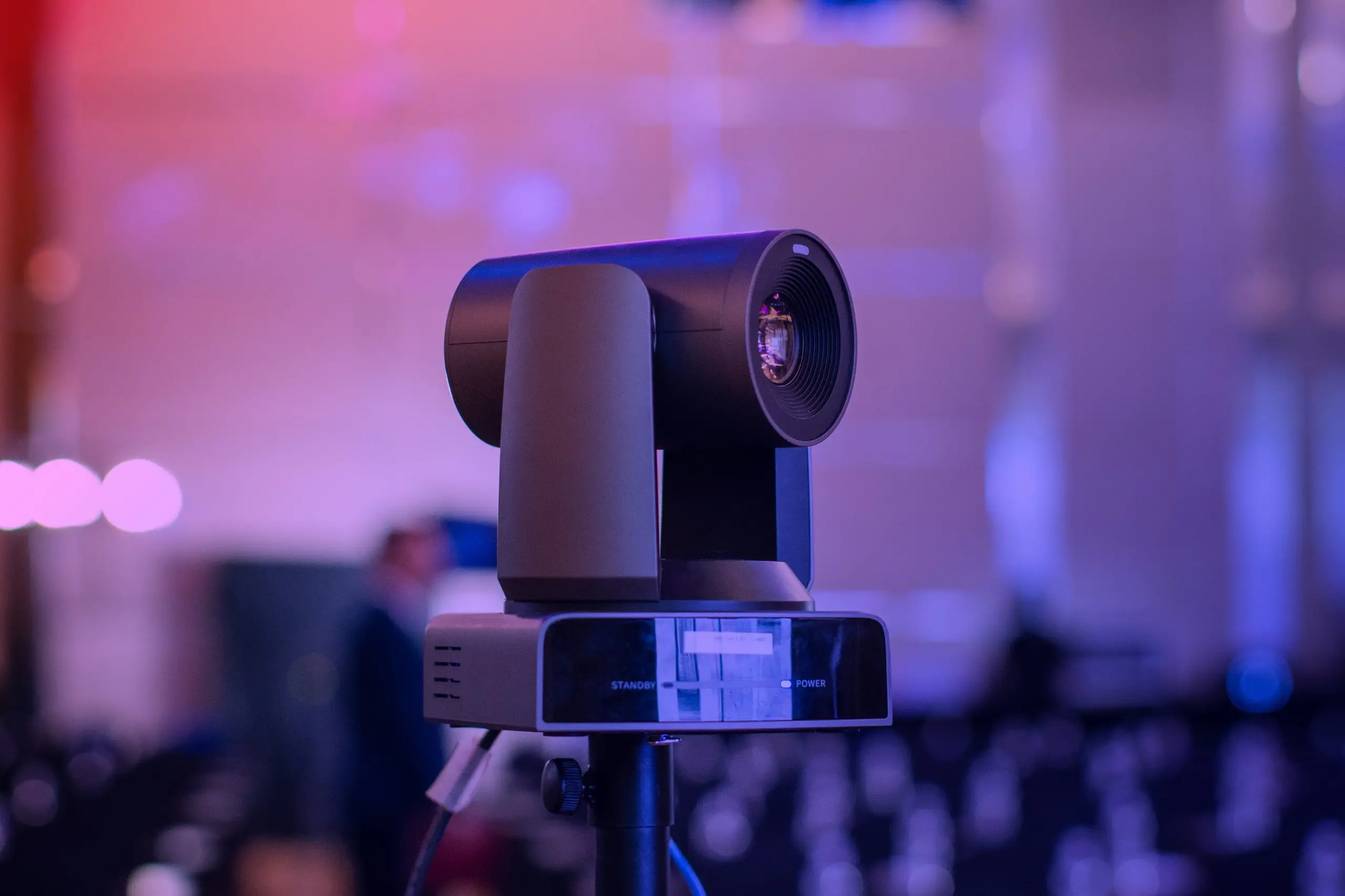 Close-up of a professional event camera.