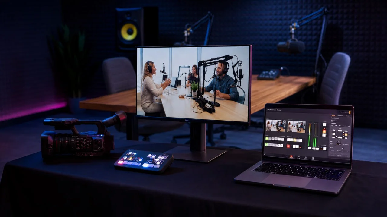 Silver MCP package production control setup with live monitors, switcher and camera controls.